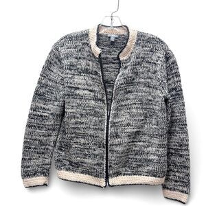 J. Jill Black & Cream Marled Knit Zip Front Cotton Cardigan Sweater Womens XS